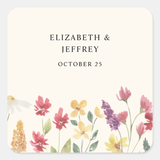 Floral Elegant Boho Summer Wildblumen Hochzeit Quadratischer Aufkleber (Vorderseite)