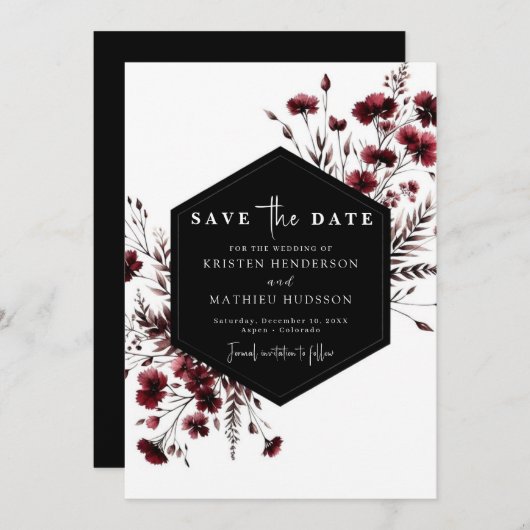 Floral Elegant Burgundy Wedding Save The Date (Vorne/Hinten)