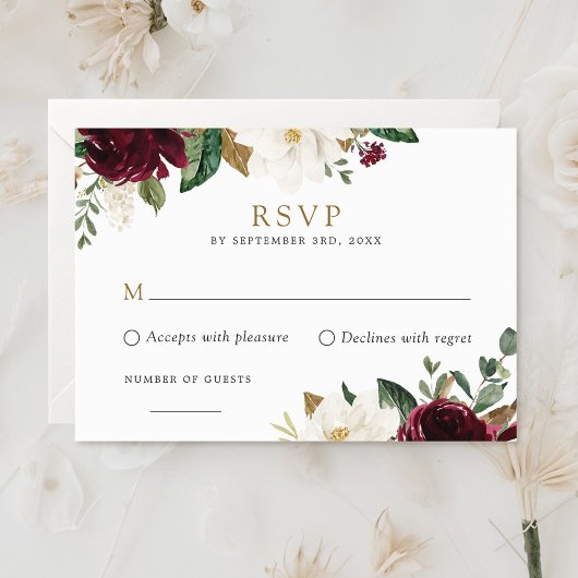 Floral Elegant Burgundy White Magnolia RSVP Card Einladung