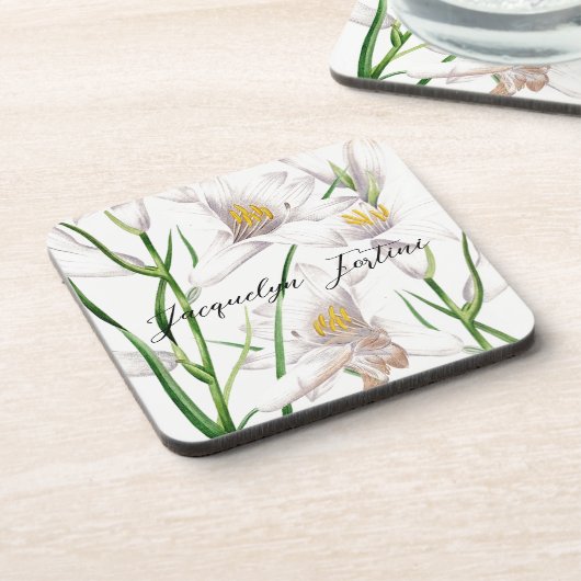 Floral Elegant Chic Niedliche Kalligrafie Name Getränkeuntersetzer (Linke Seite)