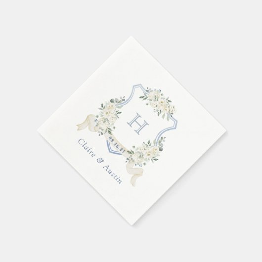 Floral Elegant Crest Dusty Blue Wedding Monogram Serviette (Ecke)