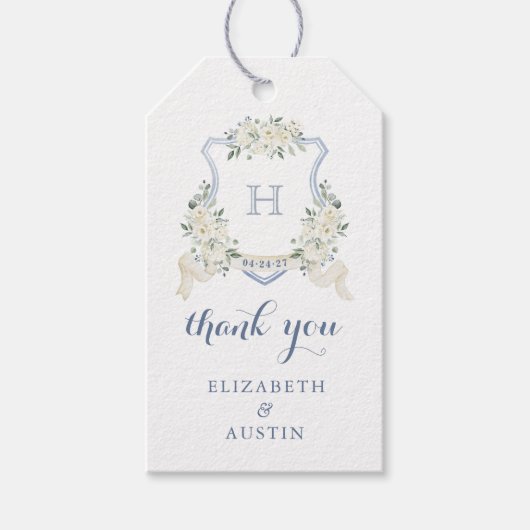 Floral Elegant Dusty Blue Crest Wedding Thank You Geschenkanhänger (Vorderseite)
