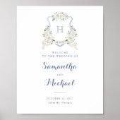 Floral Elegant Dusty Blue Crest Welcome Sign Poster (Vorne)