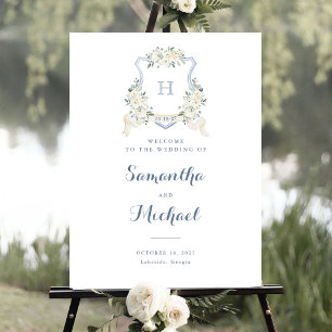 Floral Elegant Dusty Blue Wappen Begrüßungszeichen Poster