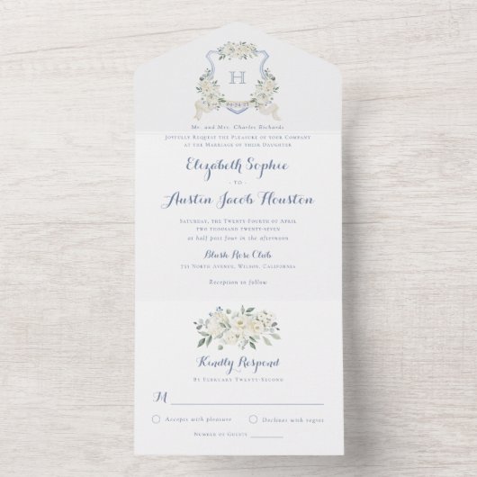Floral Elegant Dusty Blue Wappen Greenerity Weddin All In One Einladung (Innen Boden)