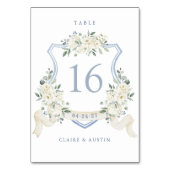 Floral Elegant Dusty Blue White Crest Table Number Tischnummer (Rückseite)