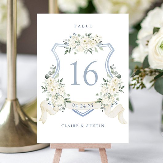 Floral Elegant Dusty Blue White Crest Table Number Tischnummer