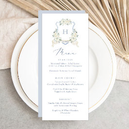 Floral Elegant Dusty Blue White Wedding Crest Menu Menükarte