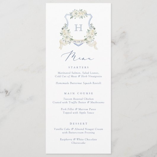 Floral Elegant Dusty Blue White Wedding Crest Menu Menükarte (Vorderseite)