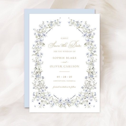 Floral Elegant Dusty Blue Wreath Save the Date Einladung