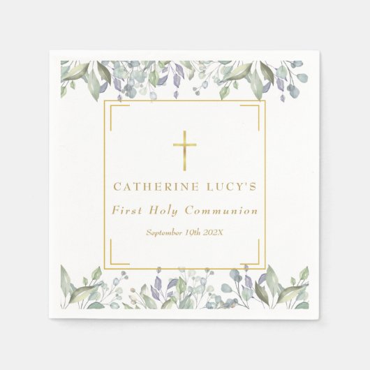 Floral Elegant Gold Cross Erste Heilige Kommune Serviette (Vorderseite)