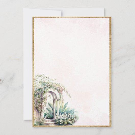 Floral Elegant Goldene Gartenanlage Hochzeit Einladung (Rückseite)