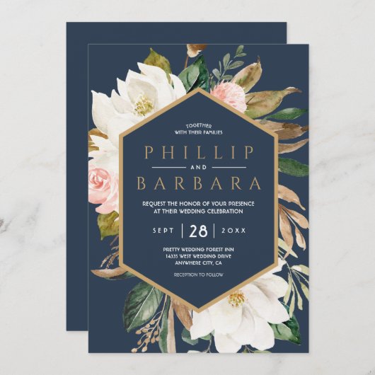 Floral Elegant Magnolia Blush Navy Neutral Einladung (Vorne/Hinten)