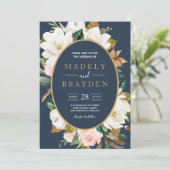 Floral Elegant Magnolia Blush Navy Neutral Einladung (Stehend Vorderseite)