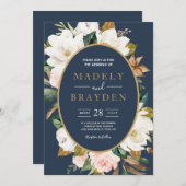 Floral Elegant Magnolia Blush Navy Neutral Einladung (Vorne/Hinten)
