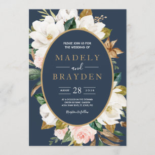 Floral Elegant Magnolia Blush Navy Neutral Einladung