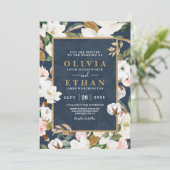 Floral Elegant Magnolia Blush Navy Neutral Einladung (Stehend Vorderseite)
