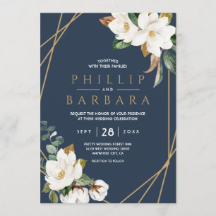 Floral Elegant Magnolia Blush Navy Neutral Einladung