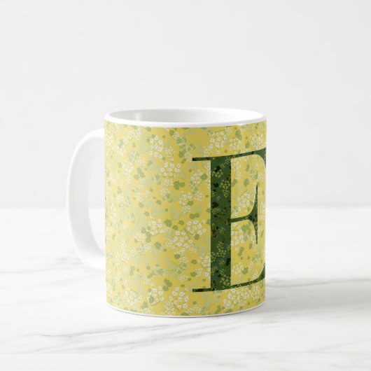 Floral Elegant Monogramm E gelb mit einer Phrase Kaffeetasse (Vorderseite Links)