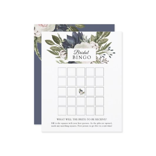 Floral Elegant Navy Blue Bridal Bingo Game Card (Vorderseite/Rückseite Beispiel)