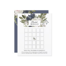 Floral Elegant Navy Blue Bridal Bingo Game Card
