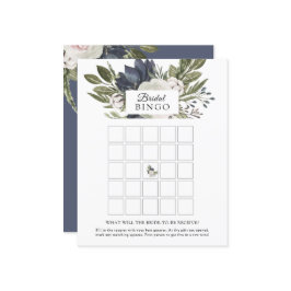 Floral Elegant Navy Blue Bridal Bingo Game Card