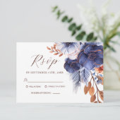 Floral Elegant Navy Blue Terracotta Boho Wedding RSVP Karte (Stehend Vorderseite)
