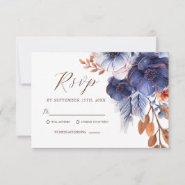 Floral Elegant Navy Blue Terracotta Boho Wedding RSVP Karte