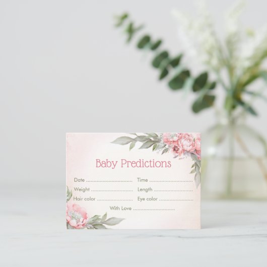 Floral Elegant Pink Baby Shower Baby Vorhersagen Begleitkarte (Stehend Vorderseite)