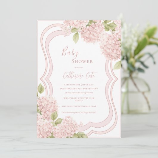 Floral Elegant Pink Hydrangea Baby Shower Einladung (Stehend Vorderseite)