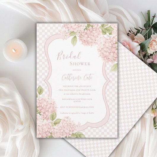 Floral Elegant Pink Hydrangea Plaid Bridal Shower Einladung