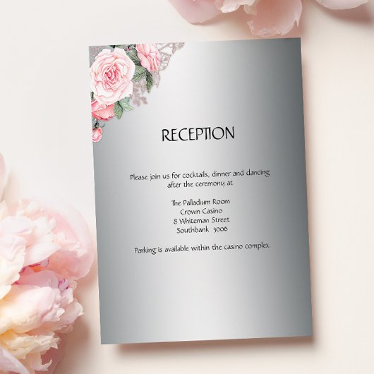 Floral Elegant Rosen Silber Hochzeitsempfang Begleitkarte