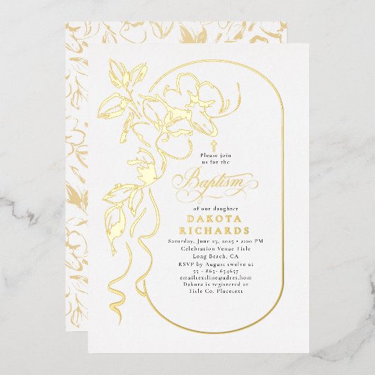 Floral Elegant Taufe Gold Folieneinladung (Vorderseite/Rückseite)