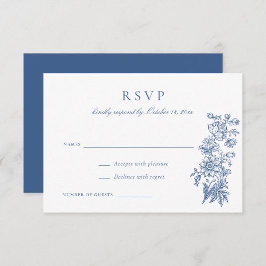 Floral Elegant Vintag Blue Wedding RSVP Einladung (Vorne/Hinten)