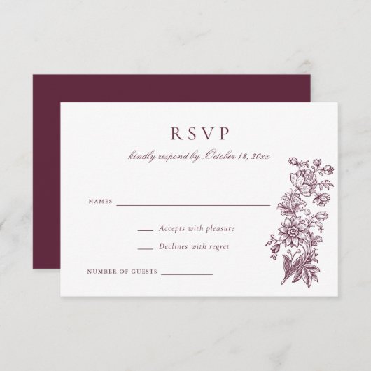 Floral Elegant Vintag Burgundy Wedding RSVP Einladung (Vorne/Hinten)