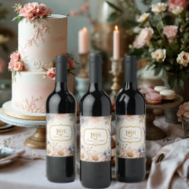 Floral Elegant Vintag Rosa Blau n Gold Wasserfarbe Weinetikett