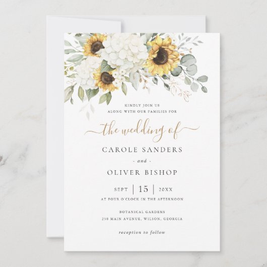 Floral Elegant White Hydrangea Sonnenblumen Hochze Einladung (Vorderseite)