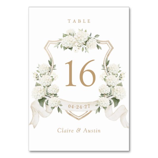 Floral Elegant White Hydrangea Wappen Tischnummer (Vorderseite)