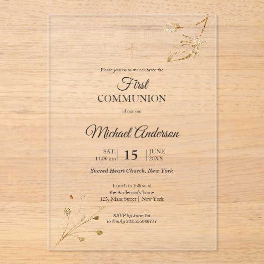 Floral elegante First Communion Religious Veransta Acryleinladungen (Vorderseite)