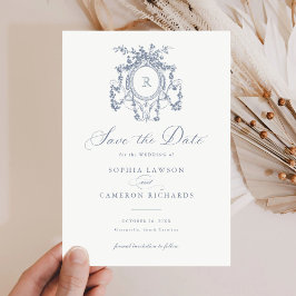 Floral Elegante Französische Rose Wappen Blau Rett Einladung