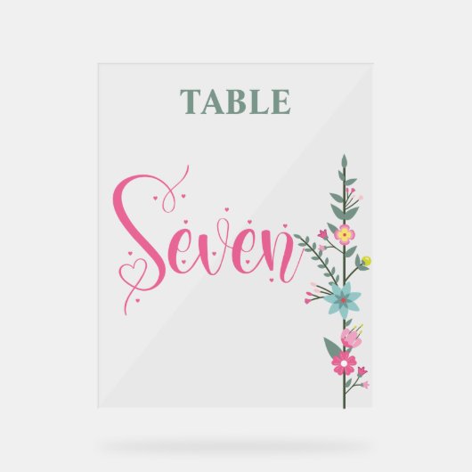 Floral Elegante Liebe Hochzeit Tischnummer SEVEN Acrylschild (Vorderseite)