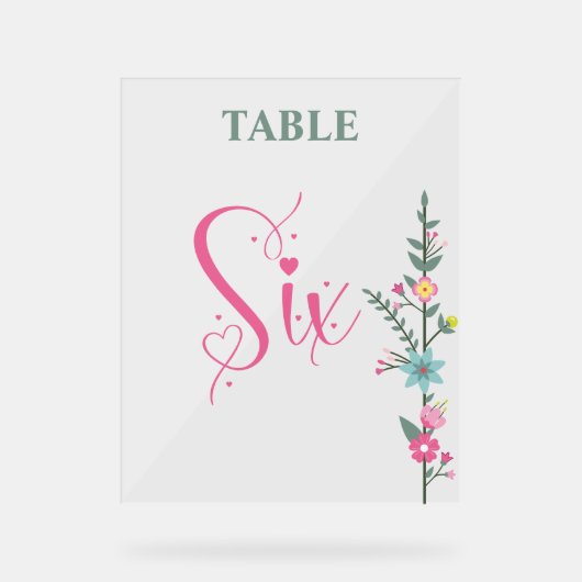 Floral Elegante Liebe Hochzeit Tischnummer SIX Acrylschild (Vorderseite)