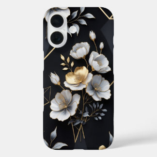 Floral Elegante - Matte Black mit Gold und Silber iPhone 16 Hülle