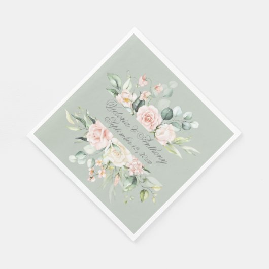 Floral Elegante Script Name Sage Green Wedding Nap Serviette (Ecke)