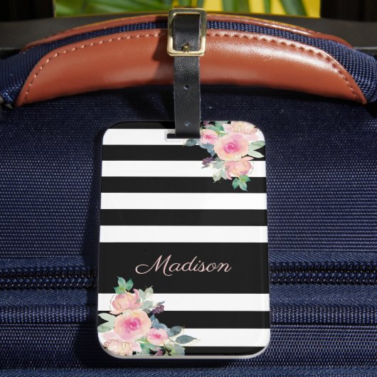 Floral Elegante Streifen Name Rosa Schwarz-weiß Gepäckanhänger (Vorderseite Insitu 2)