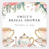 Floral Elegante Tee Party Brautparty Quadratischer Aufkleber (Vorderseite)