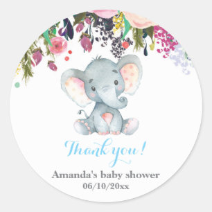 Floral Elephant Baby Dusche Blau Vielen Dank Runder Aufkleber