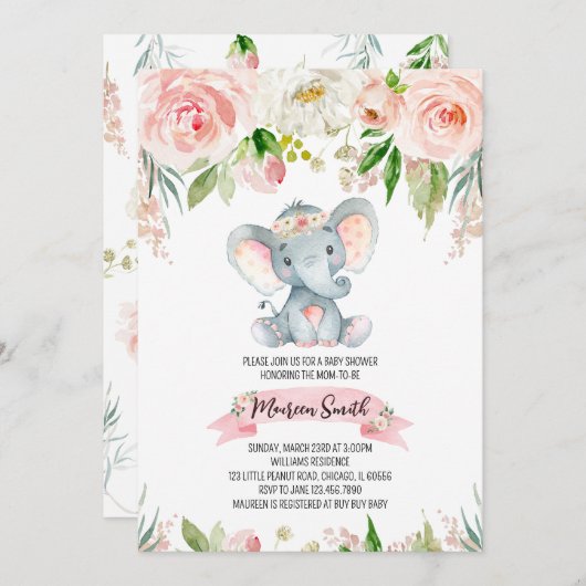 Floral Elephant Baby Shower Einladung (Vorne/Hinten)