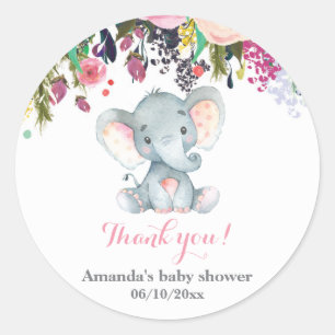 Floral Elephant Babydusche Blau Vielen Dank Runder Aufkleber