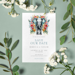 Floral Elephant Bay Blau und Weiß Save the Date Einladung